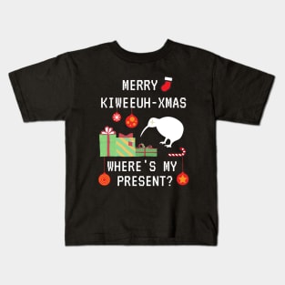 Funny Merry Kiwi Christmas, Where's My Present? Kiwi New Zealand Christmas Celebration Xmas Kids T-Shirt